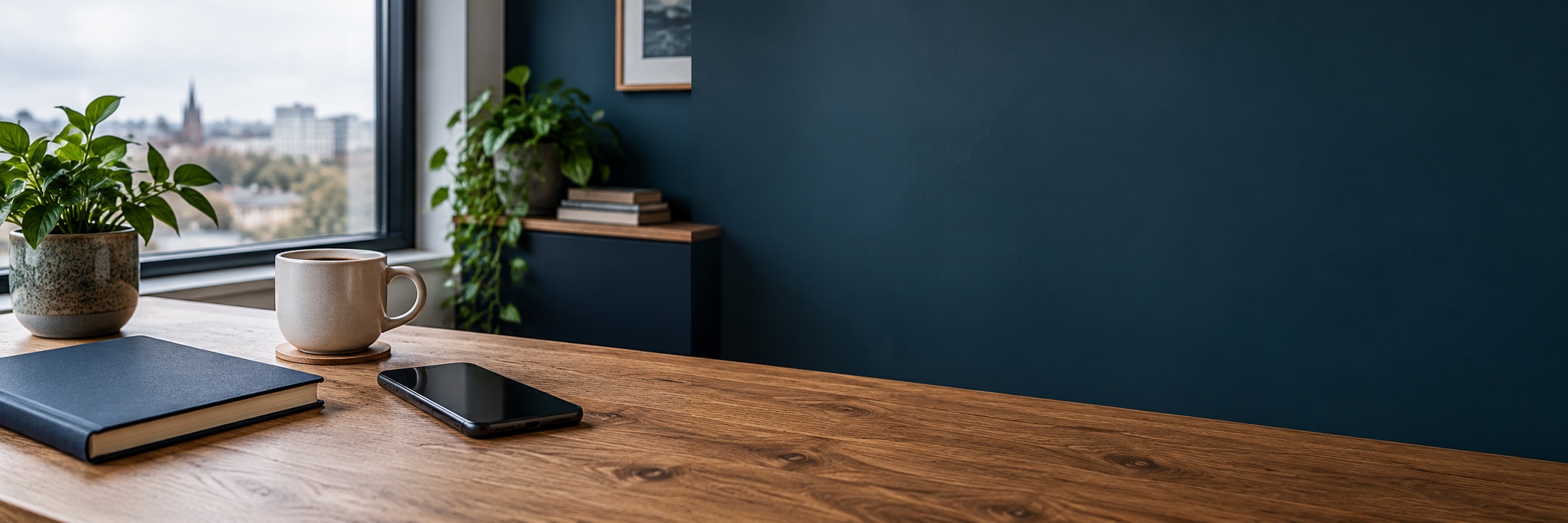Notebook, smartphone and coffee on a desk beside a window